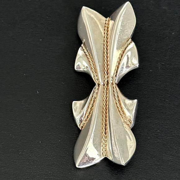 Vintage 925 Sterling Silver & 14K Gold Braided Two Tone Modern Abstract Brooch - Picture 3 of 11
